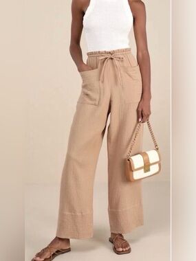 Lulu's Tan Wide-Leg Paperbag Waist Pants